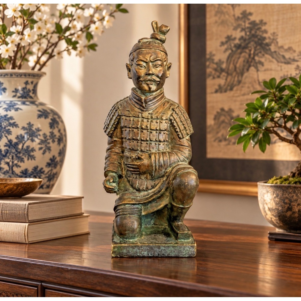 Asian Kneeling Warrior Figurine 10.5" Faux Bronze Resin Statue Chinese Decor